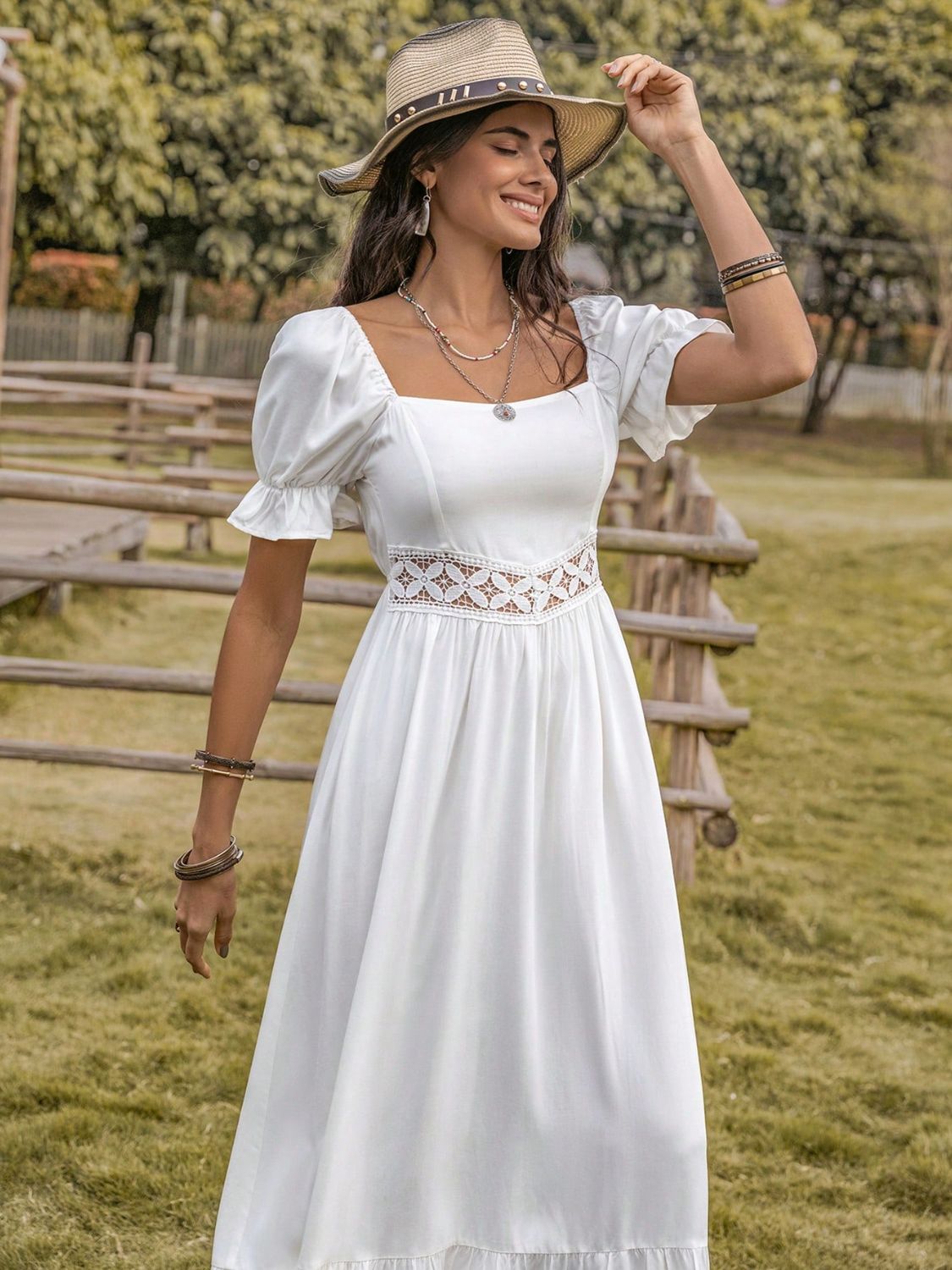 Square Neck Flounce Sleeve Midi Dress - store name